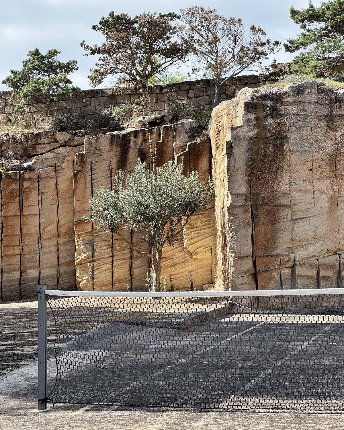 Campo da tennis di Mae a Favignana circondato dalla cava di tufo, con alberi e pareti di pietra sullo sfondo.
